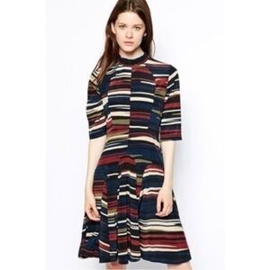 Wood Wood Blue Cream Burgundy Abstract Print Short Sleeve Silk Midi Dress sz L